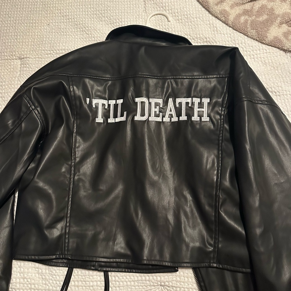 Black Leather Jacket with Embroidered Detail